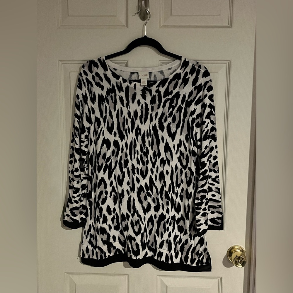 Chico's Black and White Animal Print Scoop Neck Sweater